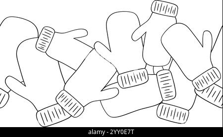Knitted mittens seamless border. Graphic line vector pattern for the winter season. Warm accessories for cold weather. Stock Vector