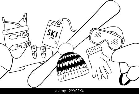 Seamless winter border with ski equipment: Skis, boots, sunglasses, hat, gloves, mitten in graphic line style. Vector graphic line illustration on whi Stock Vector