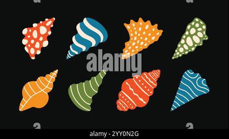 Vibrant seashell vector illustrations in various colors and patterns set on a sleek black background for marine designs Stock Vector
