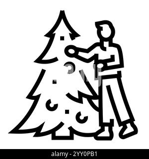Person decorates a Christmas tree  line black icon. Sign for web page, mobile app, button, logo. Vector isolated button. Editable stroke. Stock Vector