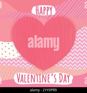 Happy Valentines Day greeting card with textile textured heart shape on patchwork fabric background. Creative Valentines concept Stock Vector