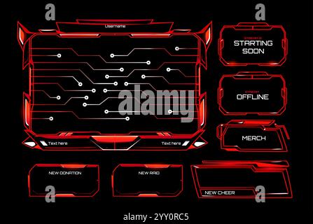 Shooter game and streaming overlay pack with futuristic neon glowing red cyberpunk frames design. Main display area with circuit patterns, status noti Stock Vector