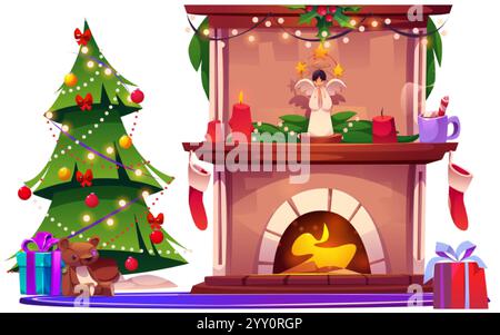 Festive Christmas home interior with decorated tree beside glowing fireplace. Cartoon winter holiday elements - angel and burning candles, hung stocki Stock Vector