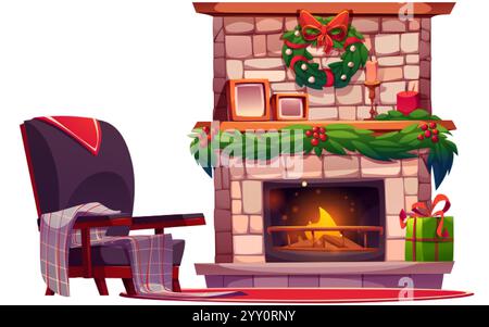 X-mas fireplace and armchair set isolated on white background. Vector cartoon illustration of fire burning in stone chimney decorated with holiday wre Stock Vector