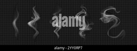 White realistic smoke elements flowing on dark background. Translucent curving steam shapes with mystical effect. cigarette or hot food and drink vapo Stock Vector