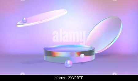 Round podium with glass morphism decoration and beads on lilac background. Vector realistic illustration of iridescent transparent platform for cosmet Stock Vector