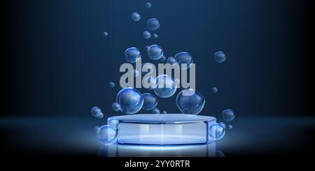 Illuminated glass podium surrounded by translucent floating spheres on dark backdrop. Realistic 3d vector glowing blue platform with scattered bubbles Stock Vector