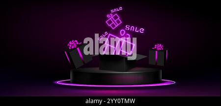 Black gift boxes decorated with purple ribbons float above round podium. Bright neon signs illuminate dark background, highlighting promotional sale t Stock Vector