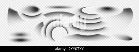 Realistic set of curved shadow elements of various geometric shapes and gradients. Semicircular forms and wavy lines with dimensional shade effects wi Stock Vector
