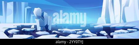 Arctic glacier with ice mountain cartoon vector. Crystal floe block floating on north pole landscape. Frozen antarctica environment for game. Blue mag Stock Vector