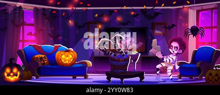 Spooky Halloween decorated living room with child in mummy costume. Glowing pumpkins decorate blue furniture, garland with flying bats and spider hang Stock Vector