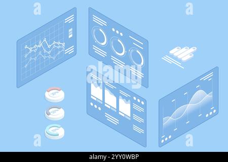 Isometric illustration of digital data dashboards featuring graphs, pie charts, and analytics panels. Ideal for business reports, infographics, and Stock Vector