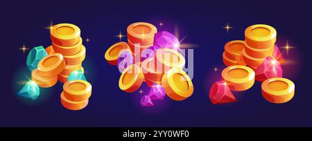 Glowing treasure composed of stacked gold coins scattered near vibrant precious gems in different colors. Shining crystals reflect light on dark backg Stock Vector