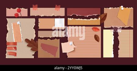 Autumn collage with torn paper in warm beige and terracotta colors, brown oak leaves, red berries and handwritten notes. Textured ripped pages for fal Stock Vector