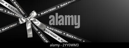 Dark ribbons decorated with Black Friday text joined by elegant silver bow at center. Realistic 3d tape with sale sign for seasonal promotion banner a Stock Vector