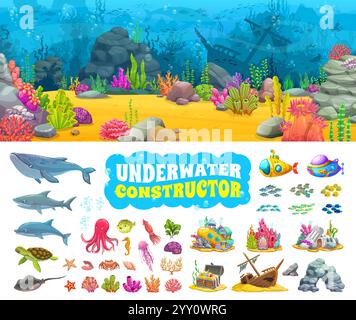 Sunken submarine house and treasure chest at underwater sea bottom ...