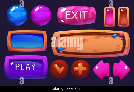 Computer game ui buttons set isolated on black background. Vector cartoon illustration of progress bar, round and rectangle frames, border templates, Stock Vector