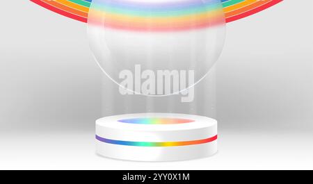 3d pride podium with rainbow. Lgbtq platform with glass for product display in realistic studio room render. Blue, yellow, orange and purple template Stock Vector