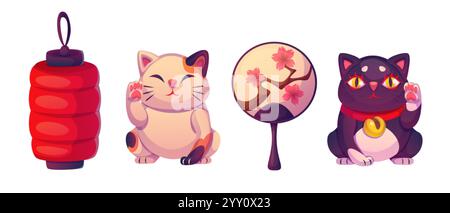 Japanese decorative items - red paper lantern, lucky Maneki neko cats with waving paw in light and dark shades, hand held fan with cherry blossom bran Stock Vector