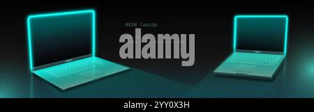 Modern laptops outlined with turquoise neon glow on dark background. Minimalist mockup with illuminated screens and keyboards at different angles. Rea Stock Vector