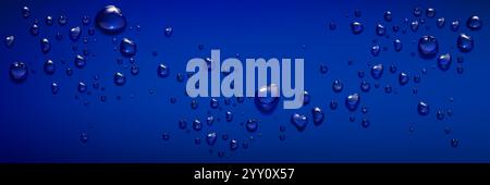 Water drops on blue background. Vector realistic illustration of wet window or wall covered with rain droplets, aqua spray effect on surface, cosmetic Stock Vector