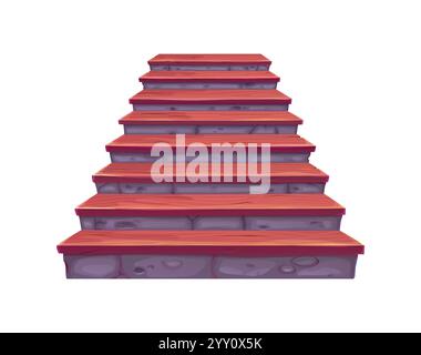 Castle wooden and stone stairs. Cartoon staircase or stairway in cottage house, ascent ladder with timber and rock details. Isolated vector ancient medieval or fairytale interior construction element Stock Vector