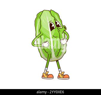 Groovy Chinese cabbage vegetable character with friendly face, wearing sneakers, and whistling happily. Isolated cartoon vector ripe and healthy farm veggie personage exudes a cheerful, energetic vibe Stock Vector