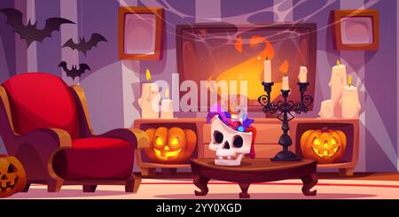 Cozy Halloween room interior with red armchair, illuminated jack o lanterns, skull shaped pot with treats on antique table, burning candles. Fireplace Stock Vector