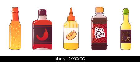 Collection of condiment bottles - spicy chili mixture, hot mustard dispenser, lemon dressing, Asian soy seasoning and pepper sauce. Simple flat jars f Stock Vector