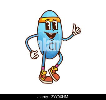 Cartoon groovy chlorine vitamin and micronutrient character. Isolated vector cl molecule exudes fun, sporty vibe. Blue, oval capsule in headband and sneakers giving thumbs up gesture with a big smile Stock Vector