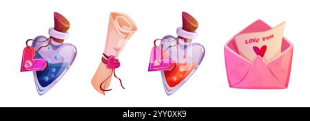 Magical romantic items set - heart shaped potion bottles filled with liquid, sealed parchment scroll tied with ribbon, pink envelope with love message Stock Vector