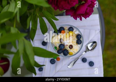 Top view of a glass dessert bowl filled with creamy ice cream, fresh blueberries, colorful candies, and almond flakes on a white napkin Stock Photo