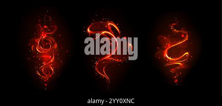 Fiery red magical traces swirling on dark background. Glowing orange wand trails create mystical spiral patterns effect surrounded by luminous sparks. Stock Vector