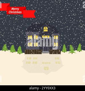 Winter night with lonely house and falling snow and a red ribbon with the inscription Happy Christmas. Vector illustration. Stock Vector
