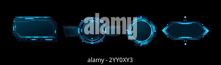 Futuristic blue frames with neon glowing tech elements on black backdrop. Various geometric shapes - circular, rectangular, hexagonal game borders. Re Stock Vector