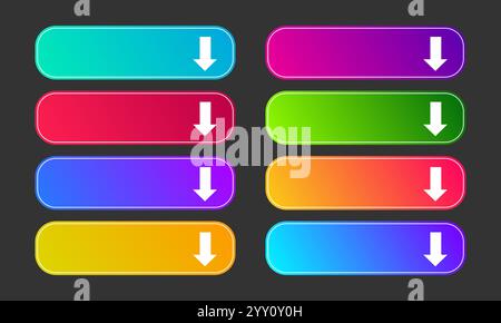 Colorful gradient buttons with arrows. Set of eight modern abstract web buttons. Vector illustration Stock Vector