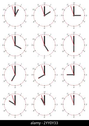 A set of mechanical clocks with an image of each of the twelve hours. Clock face on white background. Stock Vector