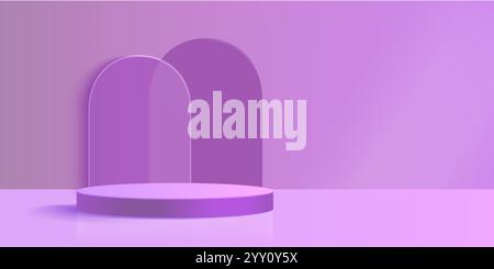 Luxury purple stage with curved glass arches. Minimal cylindrical platform with translucent backdrop elements for luxury brand presentation or product Stock Vector