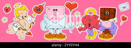 Romantic retro sticker set - winged cupid with bow, card in letter envelope holding balloon, heart shaped lock in couple with chocolate bar. Groovy ca Stock Vector