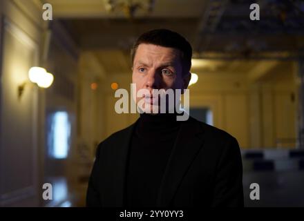 KYIV, UKRAINE - DECEMBER 18, 2024 - European Solidarity MOP Oleksii Honcharenko speaks to the press during a briefing in the Verkhovna Rada, Kyiv, capital of Ukraine. Stock Photo