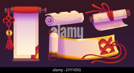 Ancient chinese paper scrolls set isolated on black background. Vector cartoon illustration of rolled blank sheets with golden and red decoration, asi Stock Vector