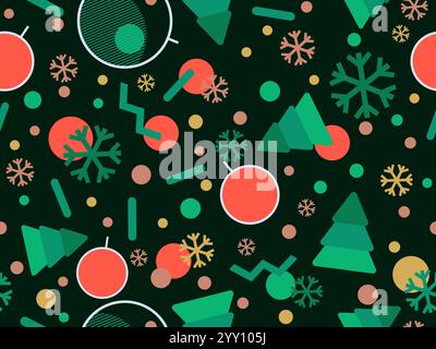 Christmas seamless pattern with geometric shapes in the style of the 80s. Christmas pattern with fir trees, Christmas decorations and geometric shapes Stock Vector