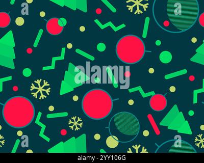 Christmas seamless pattern with geometric shapes in the style of the 80s. Christmas pattern with fir trees, Christmas decorations and geometric shapes Stock Vector