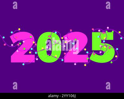 2025 Happy New Year. Garland of multi-colored light bulbs wrapping around the numbers 2025 in red and green colors. Christmas lighted garland. Design Stock Vector