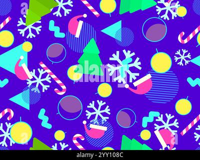 Christmas seamless pattern with geometric shapes in 80s style. Christmas balls, fir trees, lollipops and snowflakes with geometric shapes. Design for Stock Vector