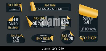 Dark promotional badges and stickers with golden peeled corners for Black Friday sale campaign. Realistic vector set of elegant labels with discount p Stock Vector