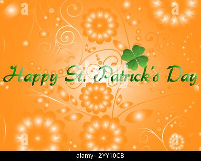 Bright orange background with a green flower and a green shamrock. The shamrock is in the center of the image and the words Happy St. Shamrock Saint P Stock Vector