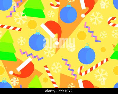 Christmas seamless pattern with geometric shapes in 80s style. Christmas balls, fir trees, lollipops and snowflakes with geometric shapes. Design for Stock Vector