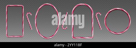 Festive candy cane designs in red and white stripes forming various shapes - rectangular, circular and arch frames on transparent background. Sweet ca Stock Vector