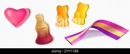 Realistic 3D gummy candies in heart shape, bear, cola bottle figures, twisted multicolored sour strip with sugar. Sweet jelly treats with smooth trans Stock Vector